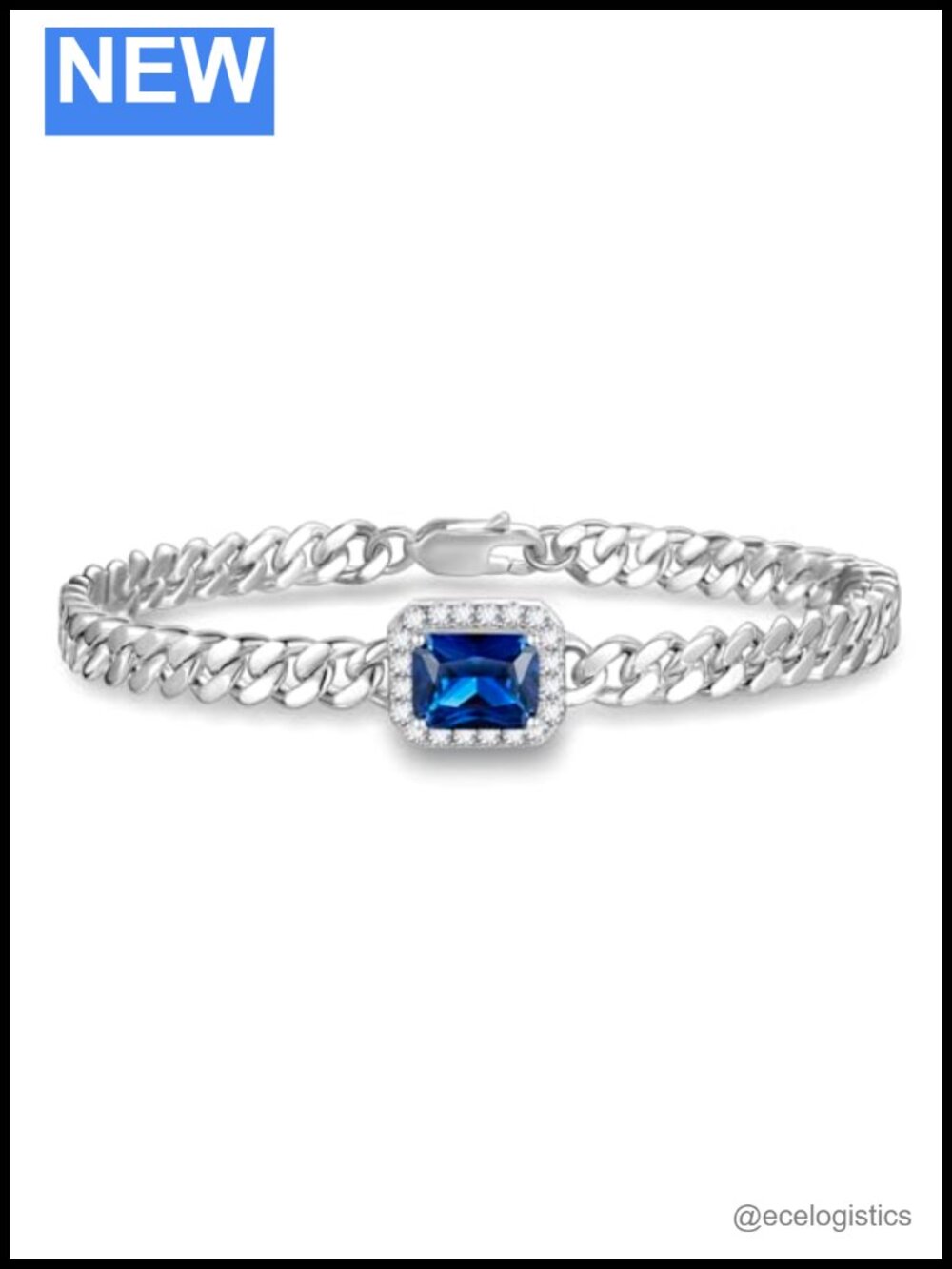 Sterling Silver White Gold Plated Sapphire Cuban Chain Link Bracelet